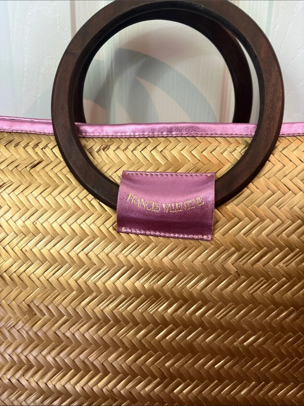 Frances Valentine Large Straw Shoppers Tote with Pink Metallic Trim